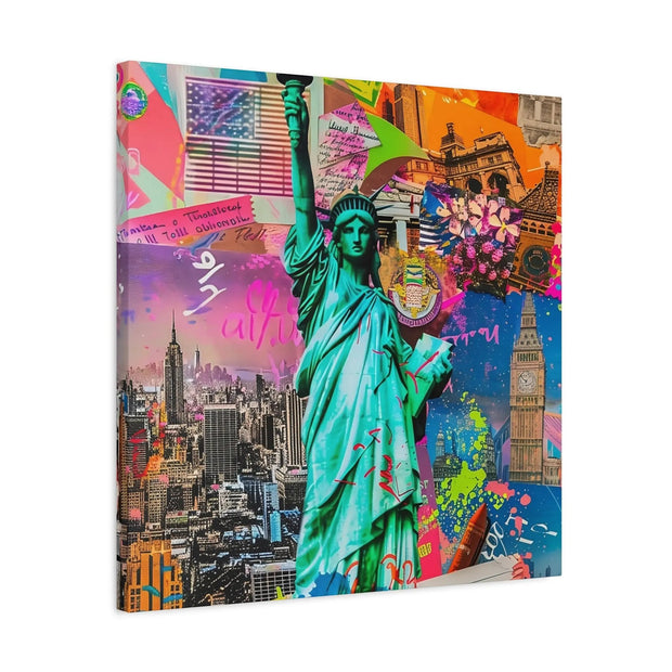 Vibrant New York Collage Matte Canvas – Statue of Liberty Pop Art LavenderCeleste