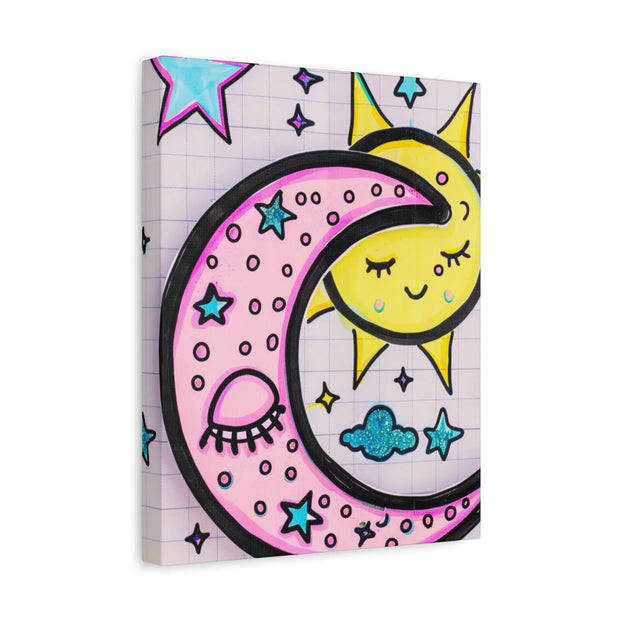 Kawaii Sun and Moon Doodle Matte Canvas Art Print LavenderCeleste