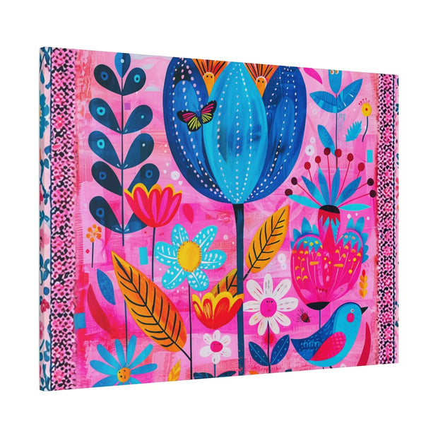 Whimsical Pink Blue Floral Matte Canvas Art - LavenderCeleste
