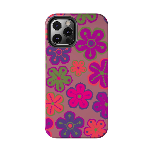 Retro Neon Groovy Flowers Tough Phone Case – 70s Psychedelic Floral Pattern LavenderCeleste