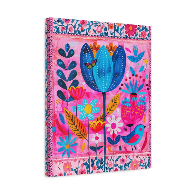 Whimsical Pink Blue Floral Matte Canvas Art - LavenderCeleste
