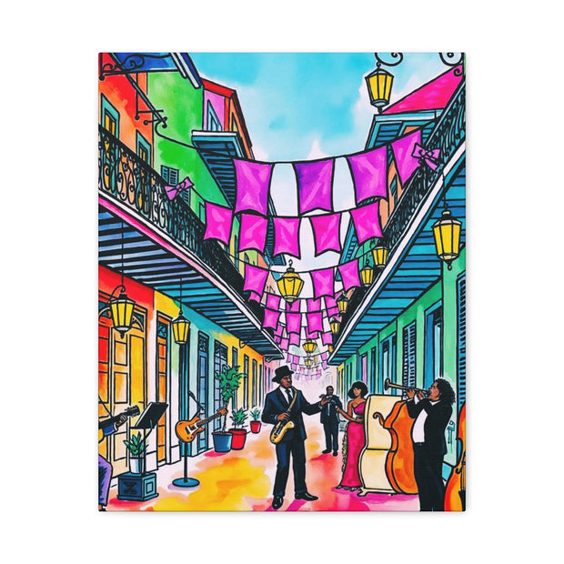 Vibrant New Orleans Jazz Street Matte Canvas – French Quarter Music Scene Printify