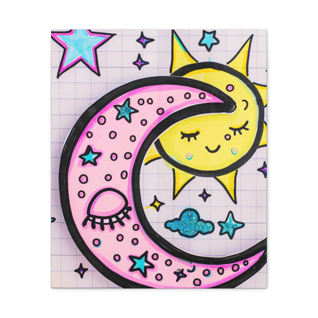 Kawaii Sun and Moon Doodle Matte Canvas Art Print LavenderCeleste