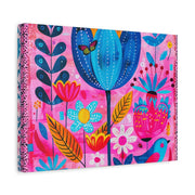 Whimsical Pink Blue Floral Matte Canvas Art - LavenderCeleste