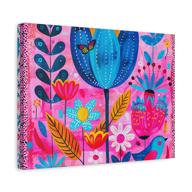 Whimsical Pink Blue Floral Matte Canvas Art - LavenderCeleste