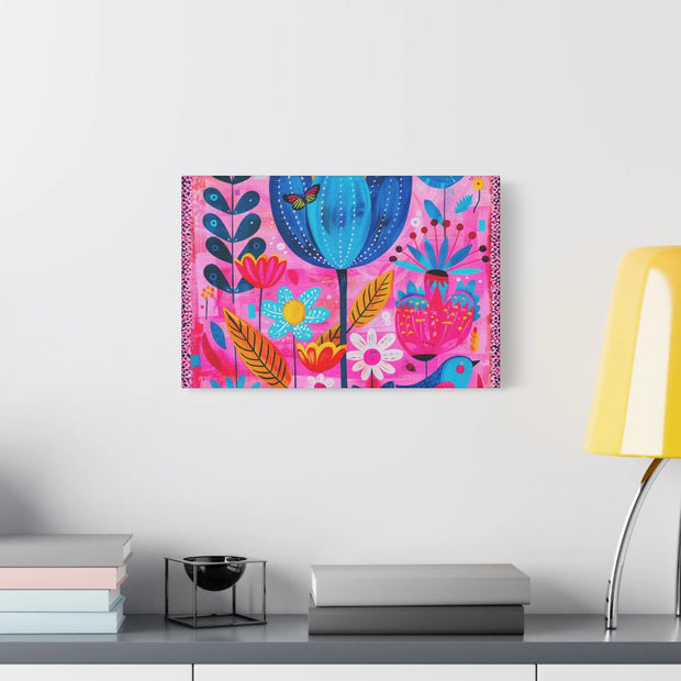 Whimsical Pink Blue Floral Matte Canvas Art - LavenderCeleste