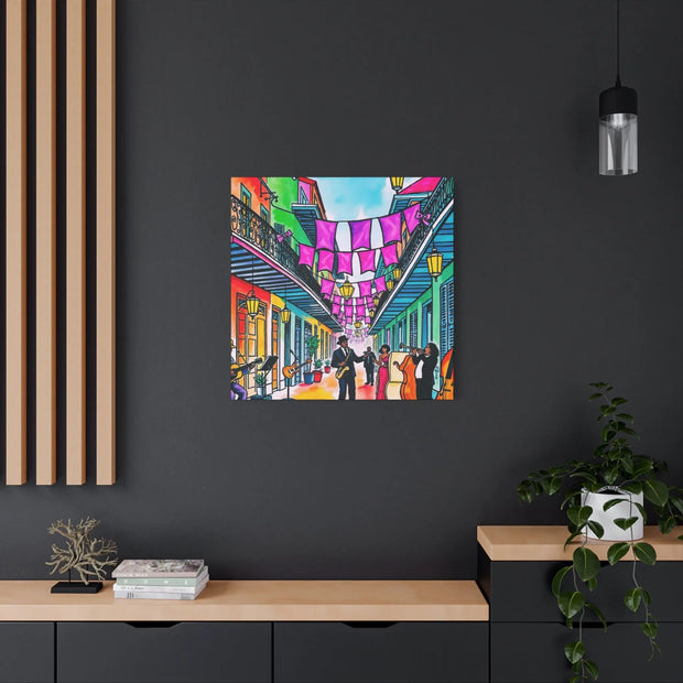Vibrant New Orleans Jazz Street Matte Canvas – French Quarter Music Scene LavenderCeleste