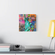Vibrant New York Collage Matte Canvas – Statue of Liberty Pop Art LavenderCeleste
