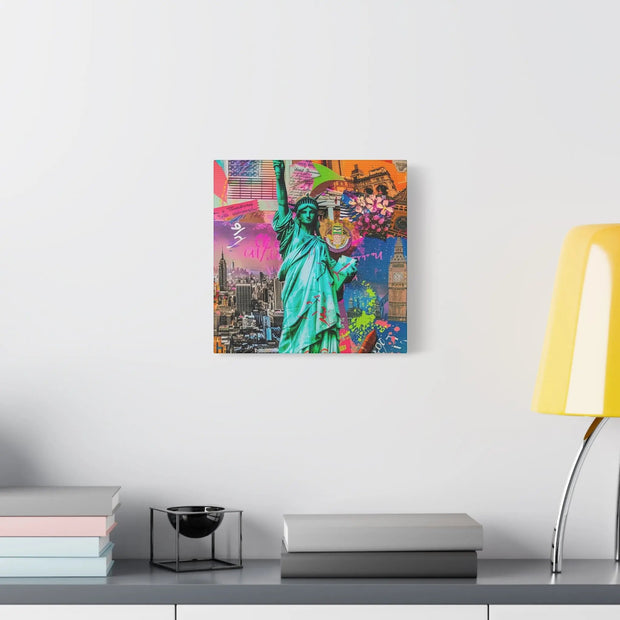 Vibrant New York Collage Matte Canvas – Statue of Liberty Pop Art LavenderCeleste