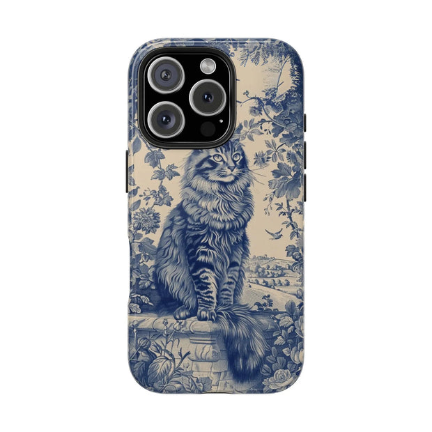 Maine Coon Toile Tough Phone Case – Vintage Blue Floral Cat Pattern - LavenderCeleste