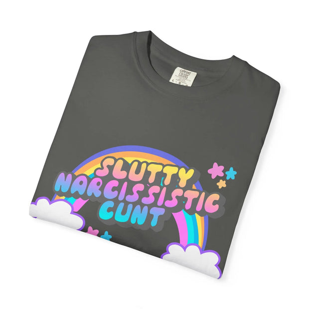 Slutty Narcissistic Cunt Rainbow Typography Comfort Colors Tee LavenderCeleste