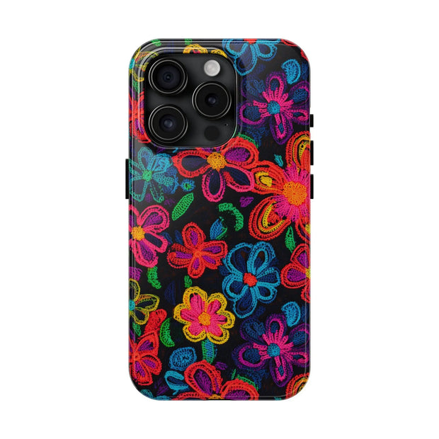 Neon Crochet Floral Tough Phone Case – Vibrant Retro Handmade Pattern Printify