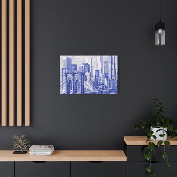 New York City Toile Art – Blue Scenic Skyline Matte Canvas Printify