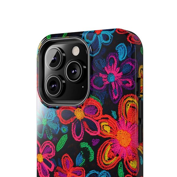 Neon Crochet Floral Tough Phone Case – Vibrant Retro Handmade Pattern Printify