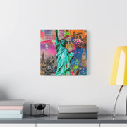 Vibrant New York Collage Matte Canvas – Statue of Liberty Pop Art LavenderCeleste
