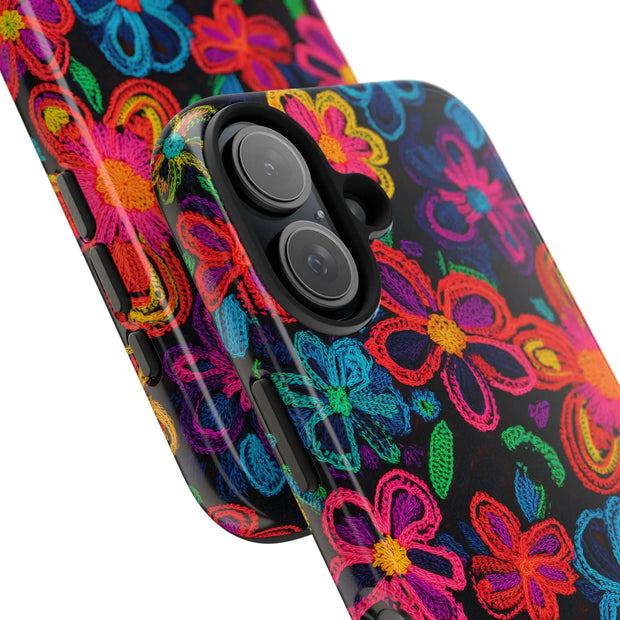 Neon Crochet Floral Tough Phone Case – Vibrant Retro Handmade Pattern LavenderCeleste