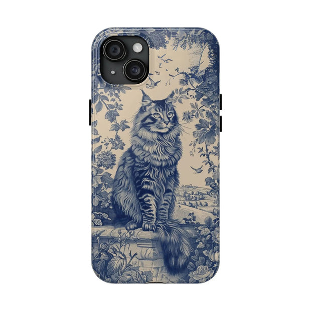 Maine Coon Toile Tough Phone Case – Vintage Blue Floral Cat Pattern - LavenderCeleste