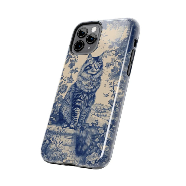 Maine Coon Toile Tough Phone Case – Vintage Blue Floral Cat Pattern - LavenderCeleste