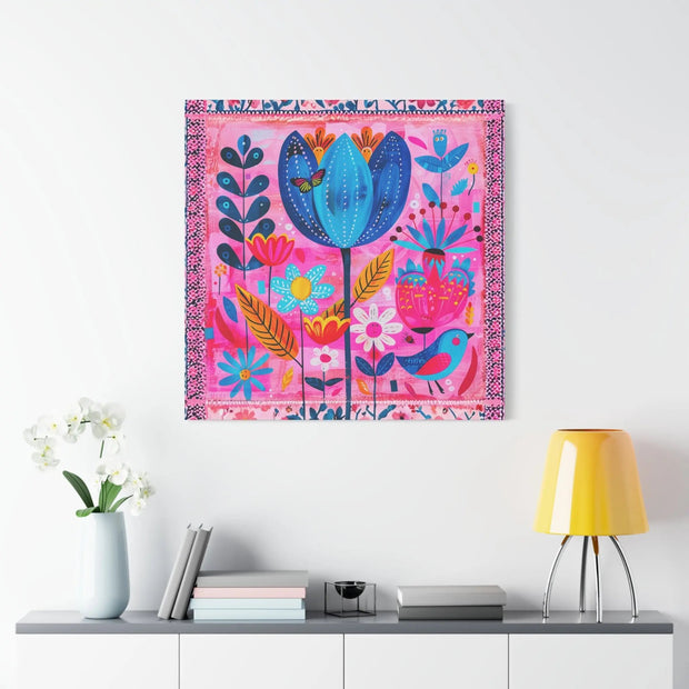 Whimsical Pink Blue Floral Matte Canvas Art LavenderCeleste