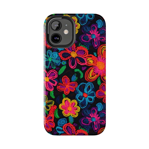 Neon Crochet Floral Tough Phone Case – Vibrant Retro Handmade Pattern Printify