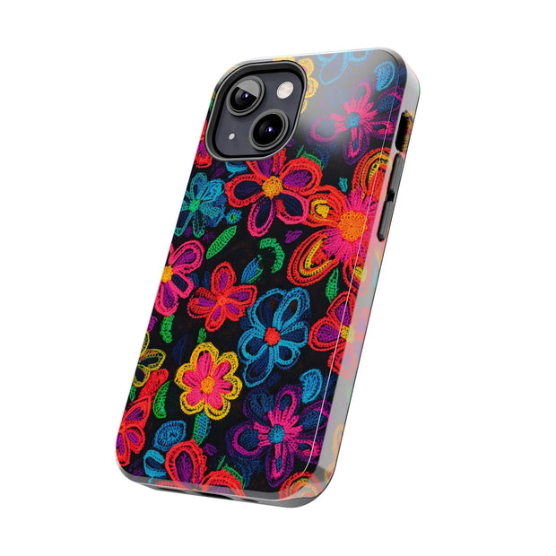 Neon Crochet Floral Tough Phone Case – Vibrant Retro Handmade Pattern Printify