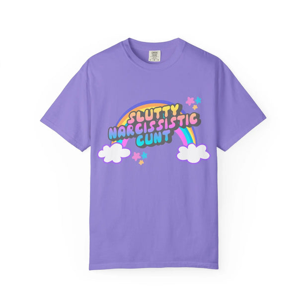 Slutty Narcissistic Cunt Rainbow Typography Comfort Colors Tee LavenderCeleste