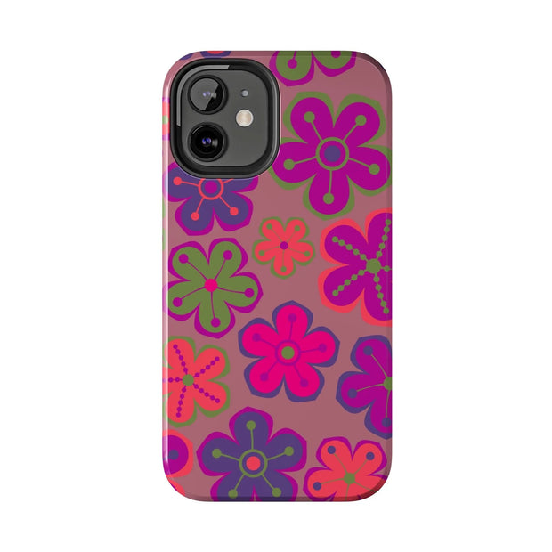 Retro Neon Groovy Flowers Tough Phone Case – 70s Psychedelic Floral Pattern LavenderCeleste