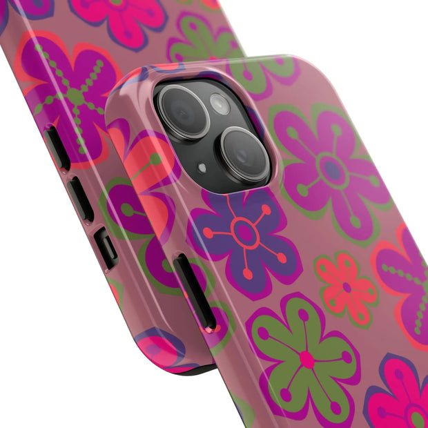 Retro Neon Groovy Flowers Tough Phone Case – 70s Psychedelic Floral Pattern LavenderCeleste