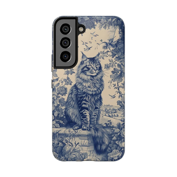Maine Coon Toile Tough Phone Case – Vintage Blue Floral Cat Pattern - LavenderCeleste