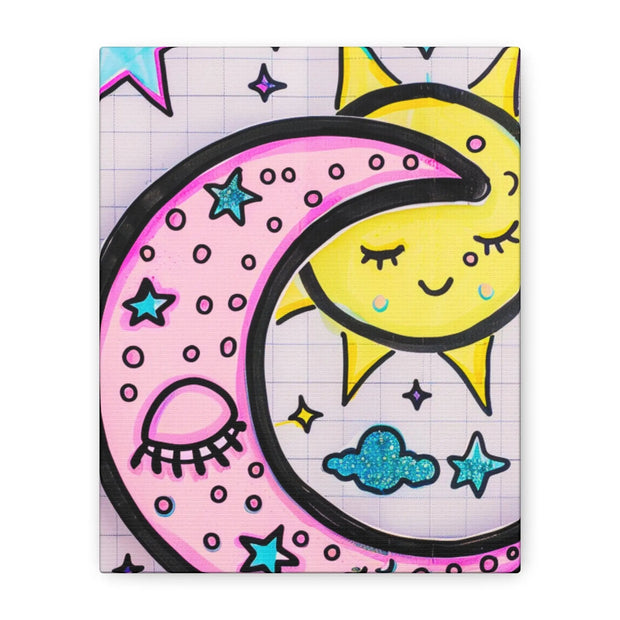 Kawaii Sun and Moon Doodle Matte Canvas Art Print LavenderCeleste
