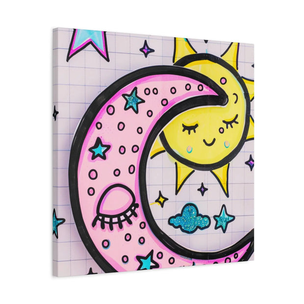 Kawaii Sun and Moon Doodle Matte Canvas Art Print LavenderCeleste