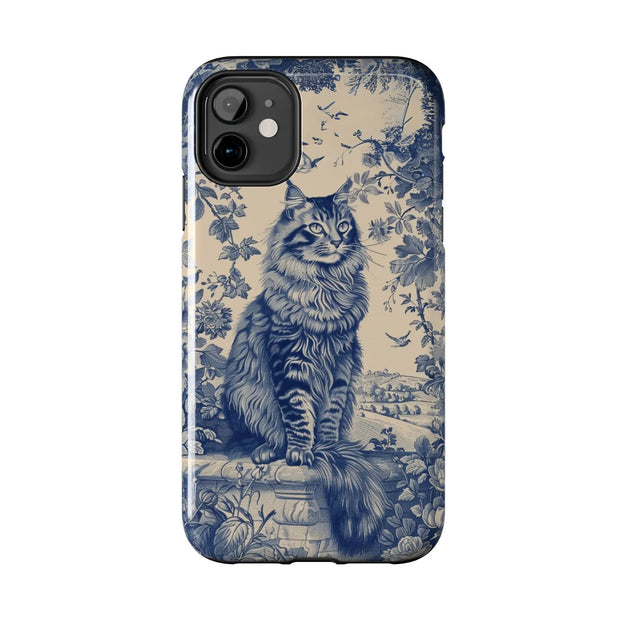 Maine Coon Toile Tough Phone Case – Vintage Blue Floral Cat Pattern - LavenderCeleste