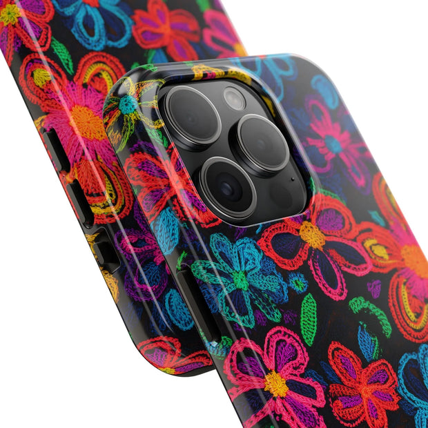 Neon Crochet Floral Tough Phone Case – Vibrant Retro Handmade Pattern LavenderCeleste