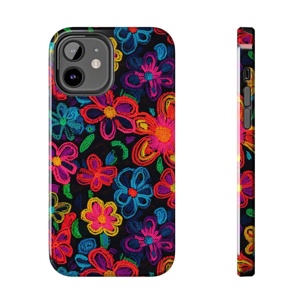 Neon Crochet Floral Tough Phone Case – Vibrant Retro Handmade Pattern Printify
