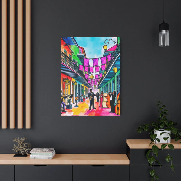 Vibrant New Orleans Jazz Street Matte Canvas – French Quarter Music Scene LavenderCeleste
