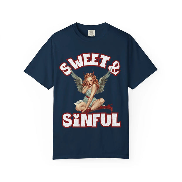 Sweet & Sinful Angel Devil Retro Comfort Colors Tee LavenderCeleste