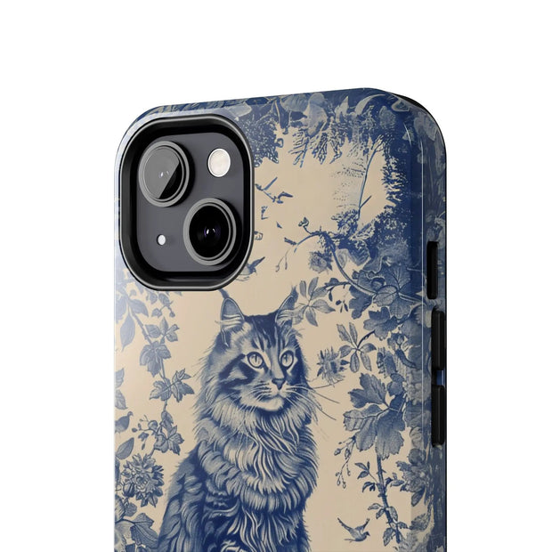Maine Coon Toile Tough Phone Case – Vintage Blue Floral Cat Pattern - LavenderCeleste