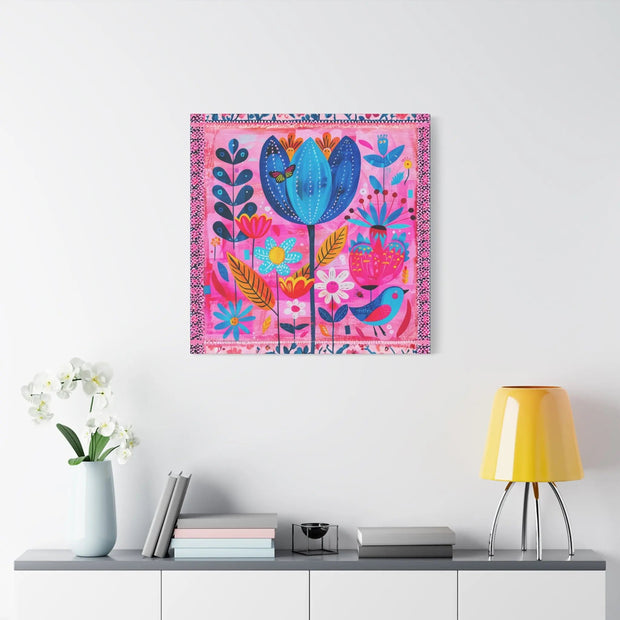 Whimsical Pink Blue Floral Matte Canvas Art LavenderCeleste