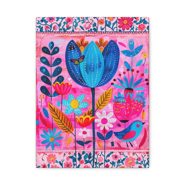 Whimsical Pink Blue Floral Matte Canvas Art - LavenderCeleste