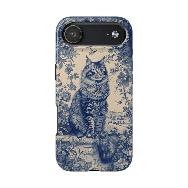 Maine Coon Toile Tough Phone Case – Vintage Blue Floral Cat Pattern - LavenderCeleste