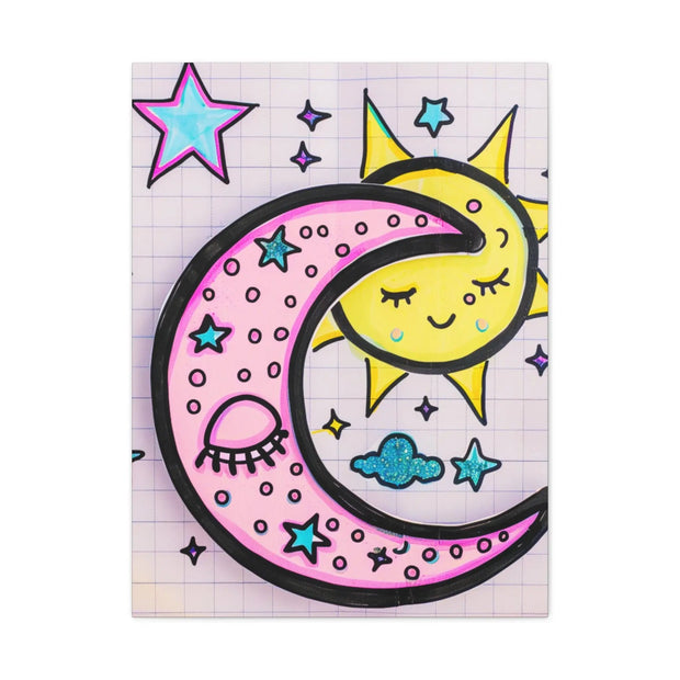 Kawaii Sun and Moon Doodle Matte Canvas Art Print LavenderCeleste