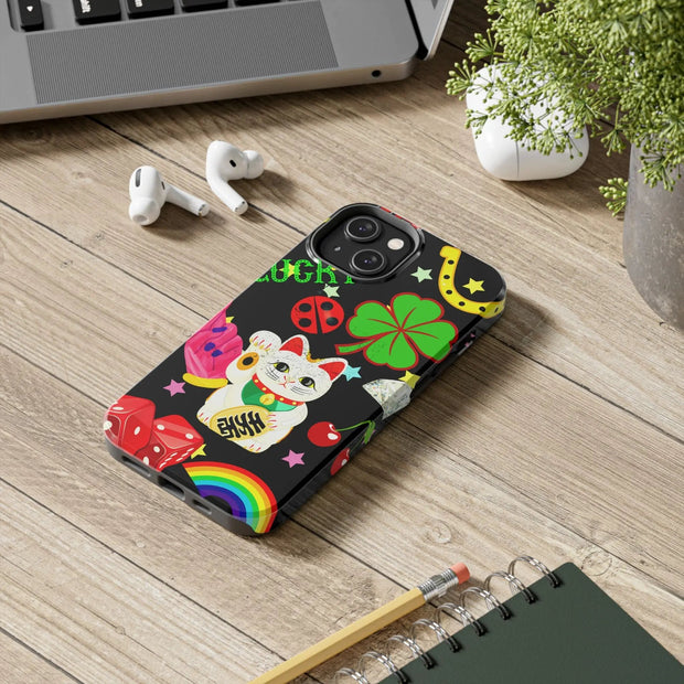 Lucky Symbols Tough Phone Case – 777 Dice Rainbow Maneki Neko Design - LavenderCeleste