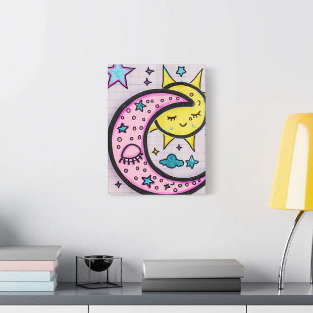 Kawaii Sun and Moon Doodle Matte Canvas Art Print LavenderCeleste