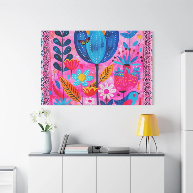 Whimsical Pink Blue Floral Matte Canvas Art LavenderCeleste