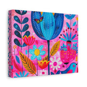 Whimsical Pink Blue Floral Matte Canvas Art - LavenderCeleste