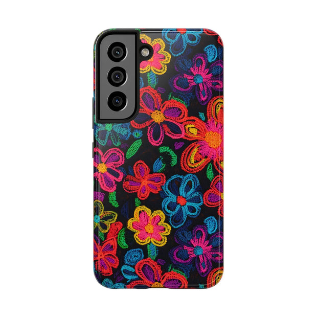 Neon Crochet Floral Tough Phone Case – Vibrant Retro Handmade Pattern Printify