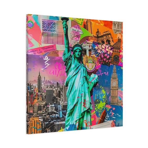 Vibrant New York Collage Matte Canvas – Statue of Liberty Pop Art LavenderCeleste