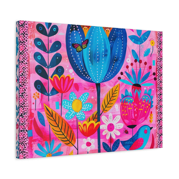 Whimsical Pink Blue Floral Matte Canvas Art - LavenderCeleste