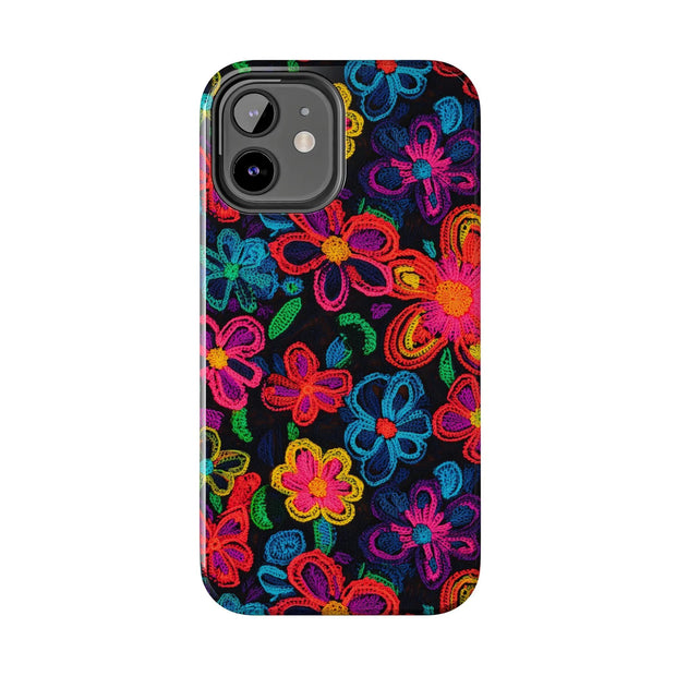Neon Crochet Floral Tough Phone Case – Vibrant Retro Handmade Pattern Printify