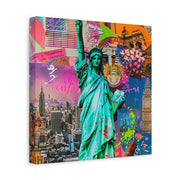 Vibrant New York Collage Matte Canvas – Statue of Liberty Pop Art LavenderCeleste